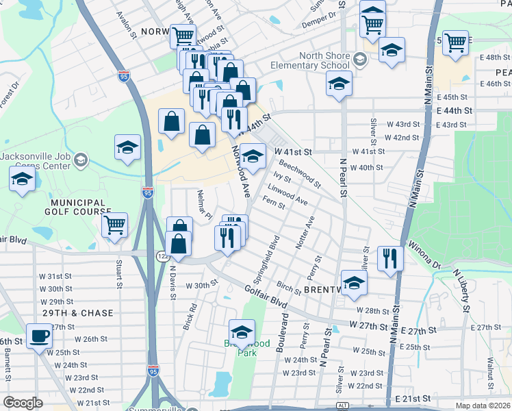 map of restaurants, bars, coffee shops, grocery stores, and more near 658 Fern Street in Jacksonville