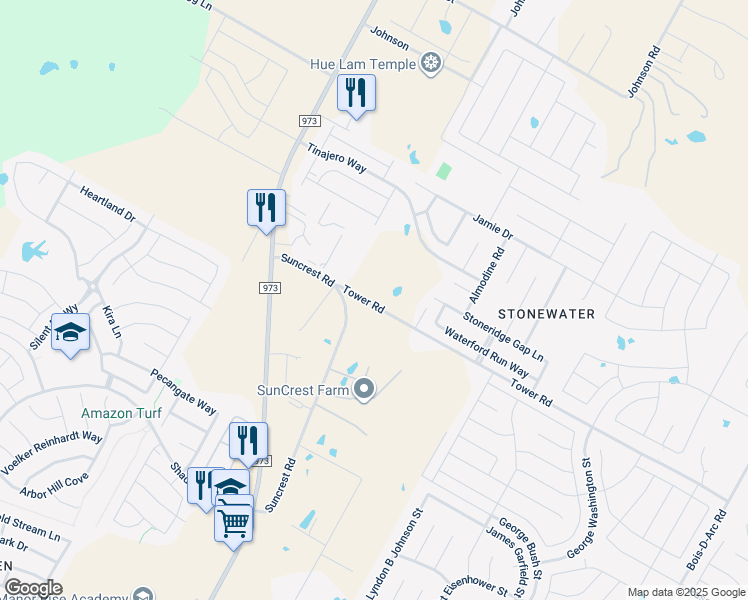 map of restaurants, bars, coffee shops, grocery stores, and more near 12101 Tower Road in Manor