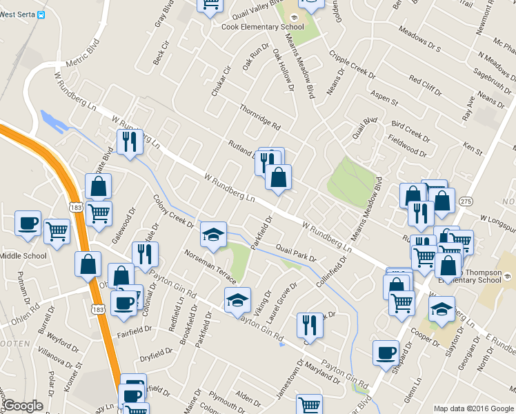map of restaurants, bars, coffee shops, grocery stores, and more near 1305 West Rundberg Lane in Austin