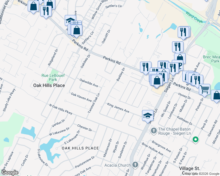 map of restaurants, bars, coffee shops, grocery stores, and more near 1228 Barkley Drive in Baton Rouge