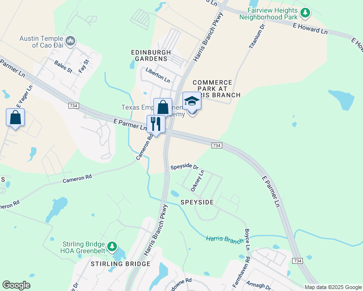 map of restaurants, bars, coffee shops, grocery stores, and more near 5833 East Parmer Lane in Manor