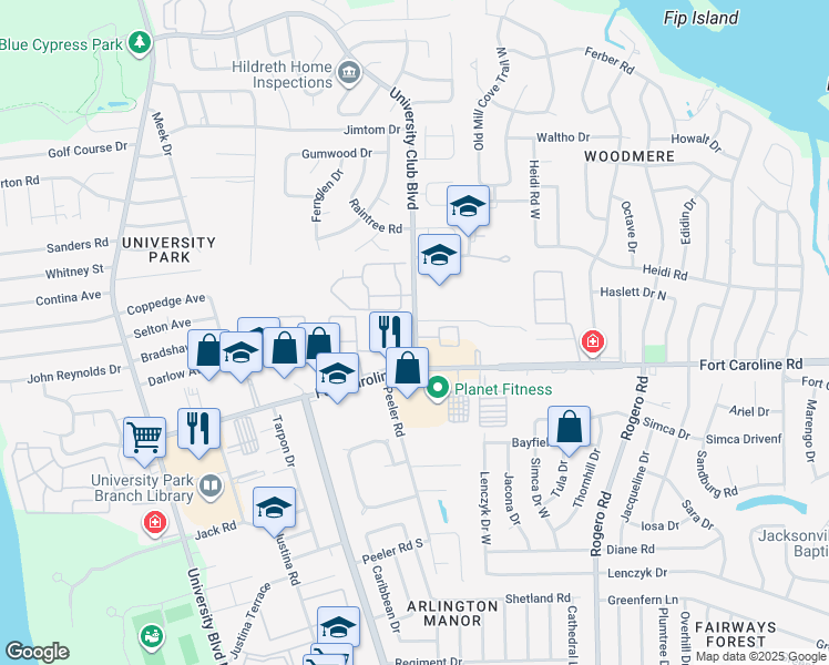 map of restaurants, bars, coffee shops, grocery stores, and more near University Club Boulevard in Jacksonville