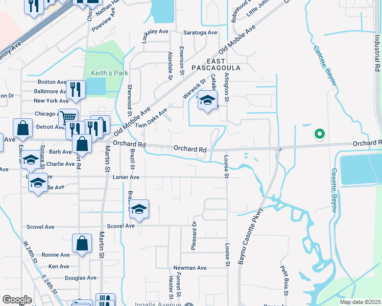 map of restaurants, bars, coffee shops, grocery stores, and more near 4606 Orchard Road in Pascagoula