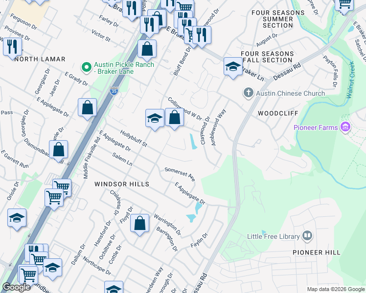 map of restaurants, bars, coffee shops, grocery stores, and more near 10604 Denell Circle in Austin