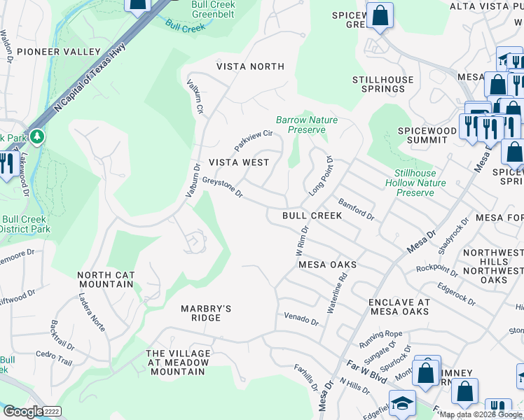 map of restaurants, bars, coffee shops, grocery stores, and more near 4601 Greystone Drive in Austin