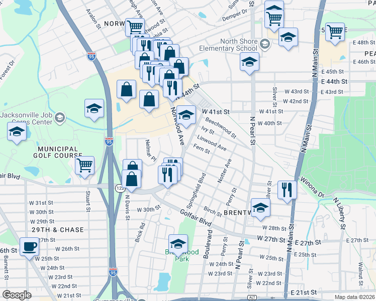 map of restaurants, bars, coffee shops, grocery stores, and more near 658 Fern Street in Jacksonville