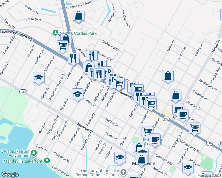 map of restaurants, bars, coffee shops, grocery stores, and more near 2534 Florida Street in Mandeville