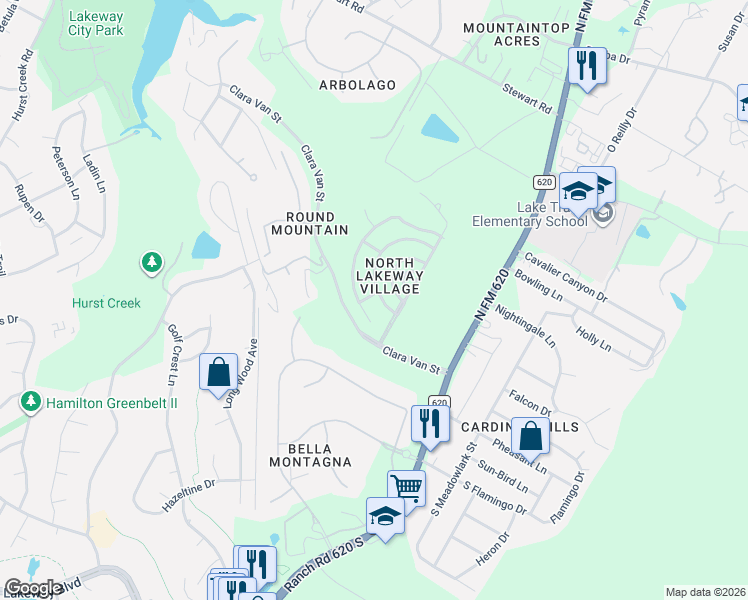 map of restaurants, bars, coffee shops, grocery stores, and more near 109 Lombardia Drive in Austin