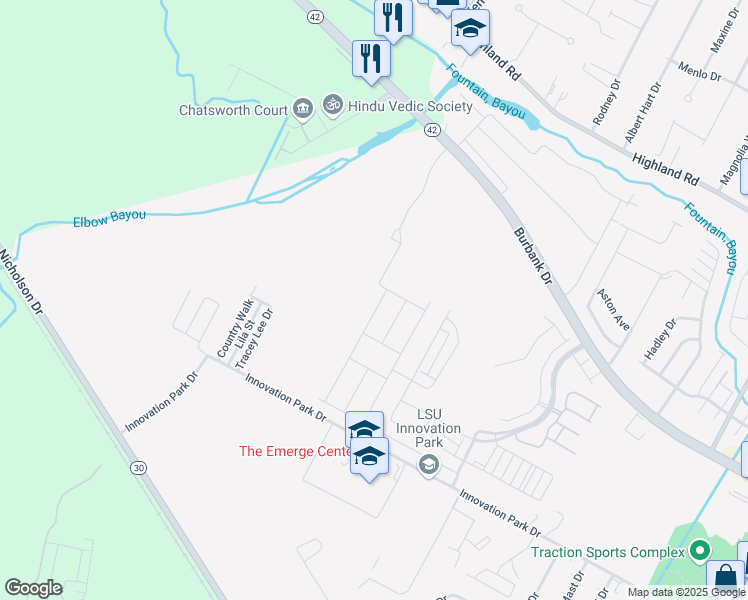map of restaurants, bars, coffee shops, grocery stores, and more near 940 Shadow Bluff Drive in Baton Rouge