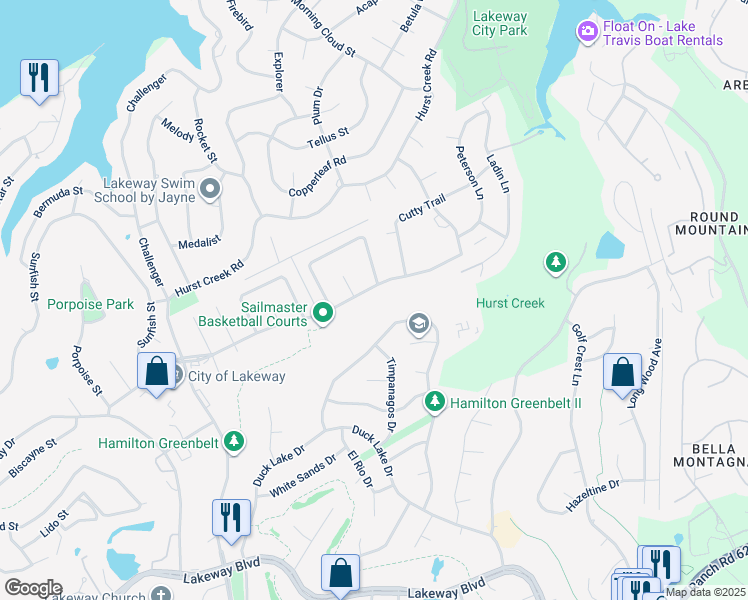 map of restaurants, bars, coffee shops, grocery stores, and more near 330 Sailmaster Street in Lakeway