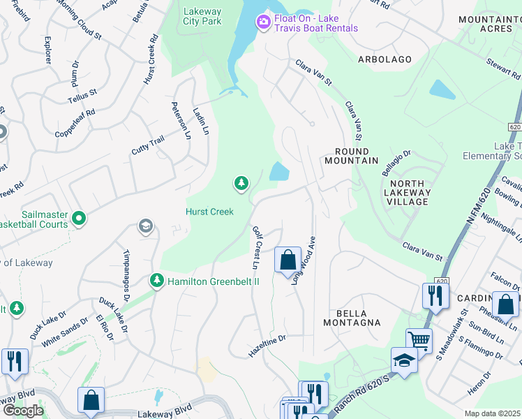 map of restaurants, bars, coffee shops, grocery stores, and more near 208 Clubhouse Dr in Lakeway