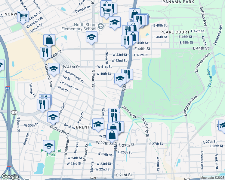 map of restaurants, bars, coffee shops, grocery stores, and more near 60 West 38th Street in Jacksonville