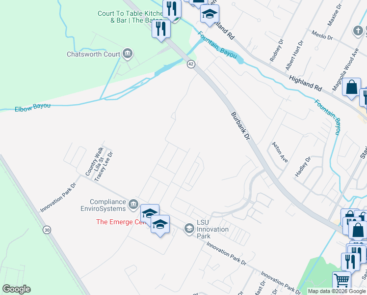 map of restaurants, bars, coffee shops, grocery stores, and more near 8005 Brown Hickory Avenue in Baton Rouge