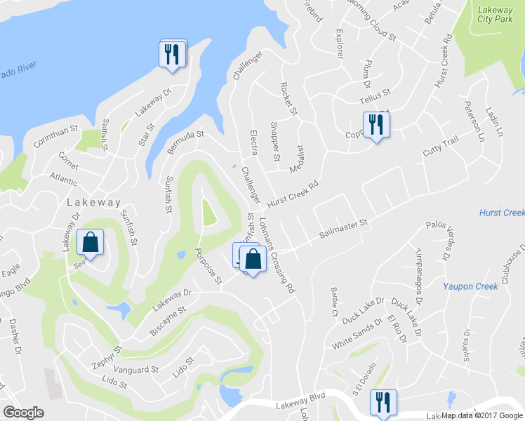 map of restaurants, bars, coffee shops, grocery stores, and more near Hurst Creek Rd & Challenger in Lakeway