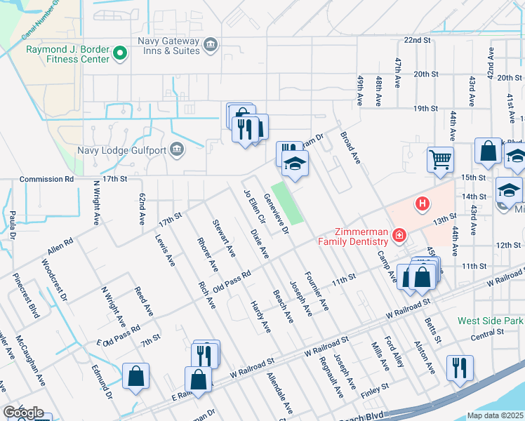 map of restaurants, bars, coffee shops, grocery stores, and more near 1426 Jo Ellen Cir in Gulfport