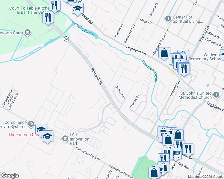 map of restaurants, bars, coffee shops, grocery stores, and more near 733 Greenwich Drive in Baton Rouge