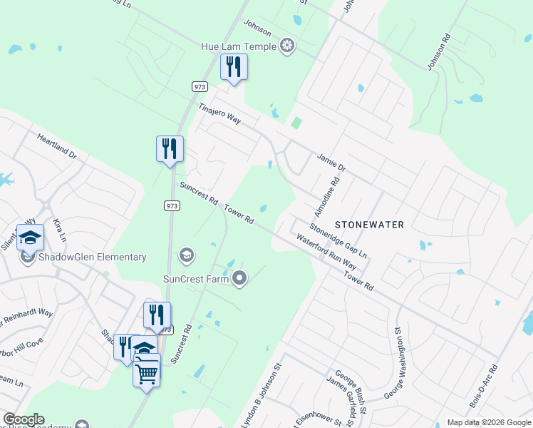 map of restaurants, bars, coffee shops, grocery stores, and more near 12005 Waterford Run Way in Manor