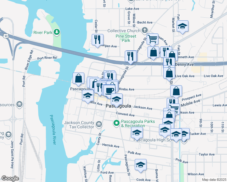 map of restaurants, bars, coffee shops, grocery stores, and more near 720 Krebs Avenue in Pascagoula