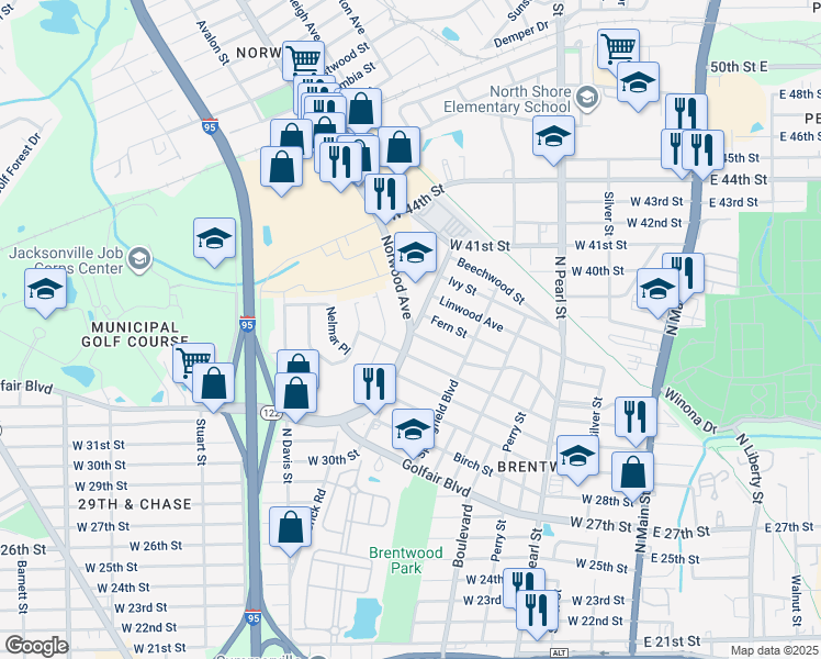 map of restaurants, bars, coffee shops, grocery stores, and more near 4628 Norwood Avenue in Jacksonville