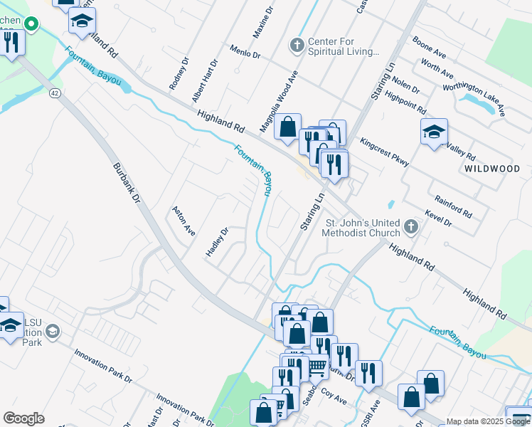 map of restaurants, bars, coffee shops, grocery stores, and more near 458 Stoney Creek Avenue in Baton Rouge