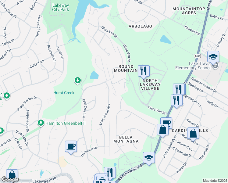 map of restaurants, bars, coffee shops, grocery stores, and more near 429 Bella Montagna Circle in Austin