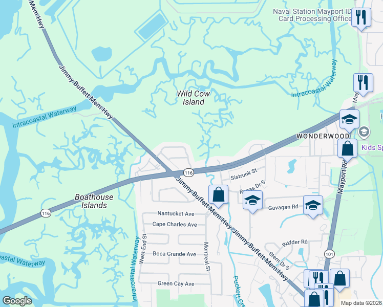 map of restaurants, bars, coffee shops, grocery stores, and more near 2963 Bayshore Drive East in Jacksonville