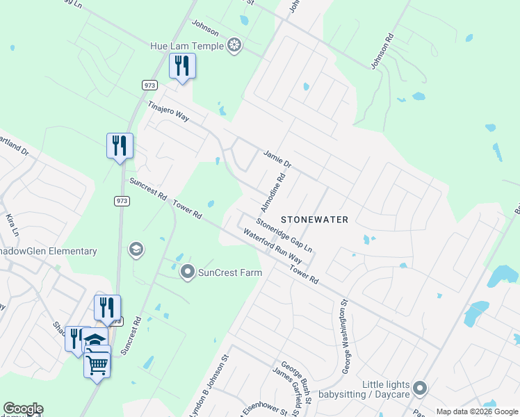 map of restaurants, bars, coffee shops, grocery stores, and more near 12102 Stoneridge Gap Lane in Manor