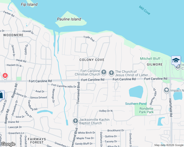 map of restaurants, bars, coffee shops, grocery stores, and more near 3638 Colony Cove Trail in Jacksonville