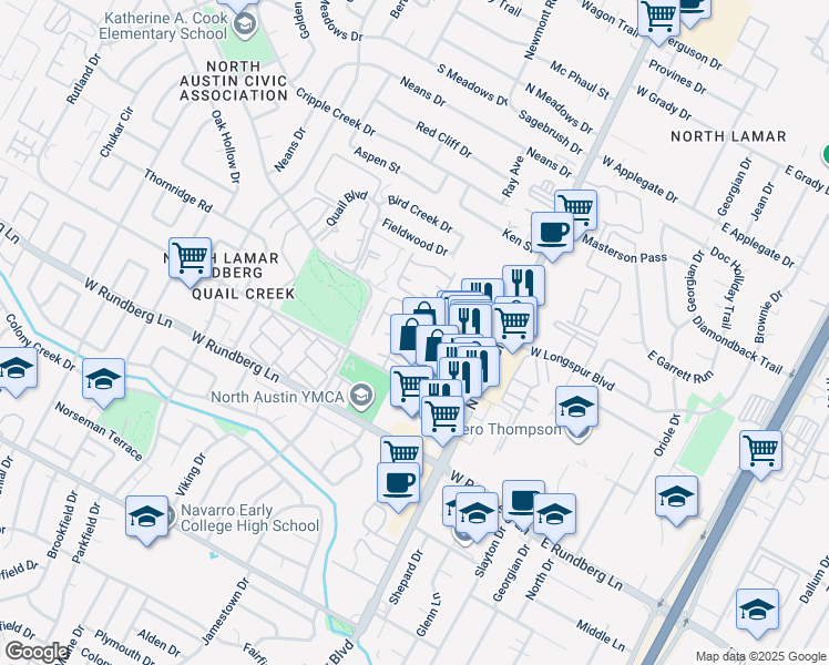 map of restaurants, bars, coffee shops, grocery stores, and more near 9607 Covey Ridge Ln in Austin