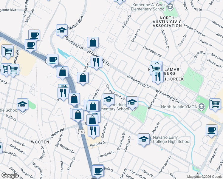 map of restaurants, bars, coffee shops, grocery stores, and more near 1700 Colony Creek Drive in Austin