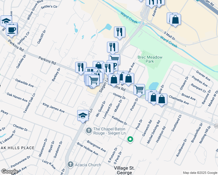 map of restaurants, bars, coffee shops, grocery stores, and more near 13022 Perkins Road in Baton Rouge