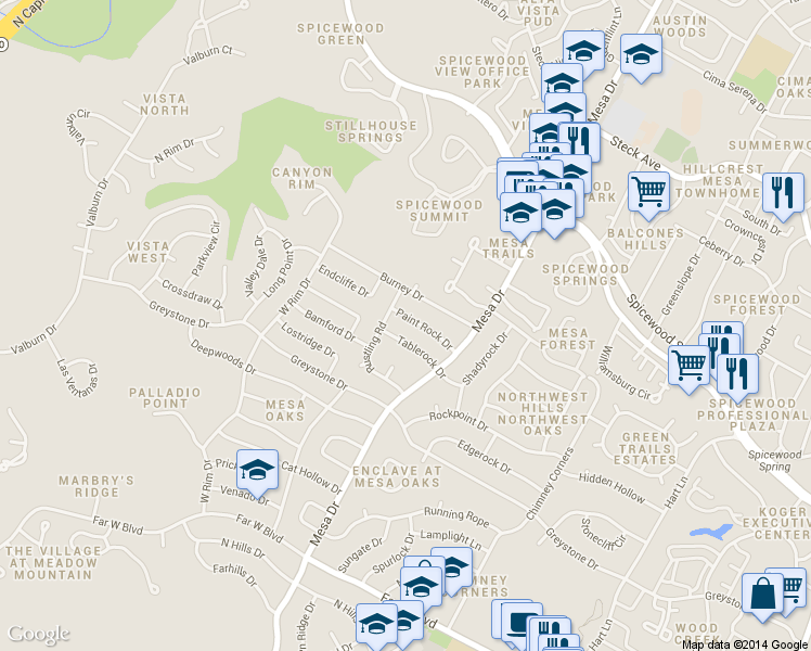 map of restaurants, bars, coffee shops, grocery stores, and more near 4115 Paint Rock Drive in Austin
