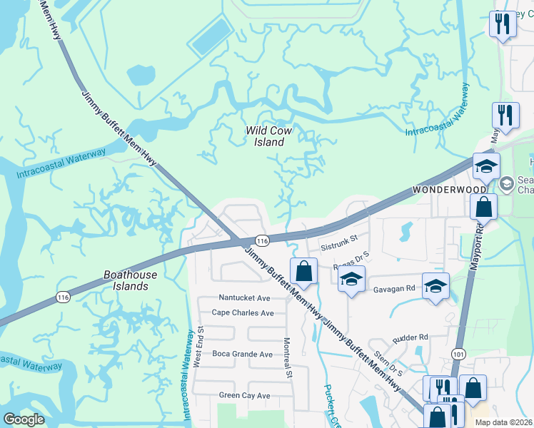 map of restaurants, bars, coffee shops, grocery stores, and more near 2963 Bayshore Drive East in Atlantic Beach
