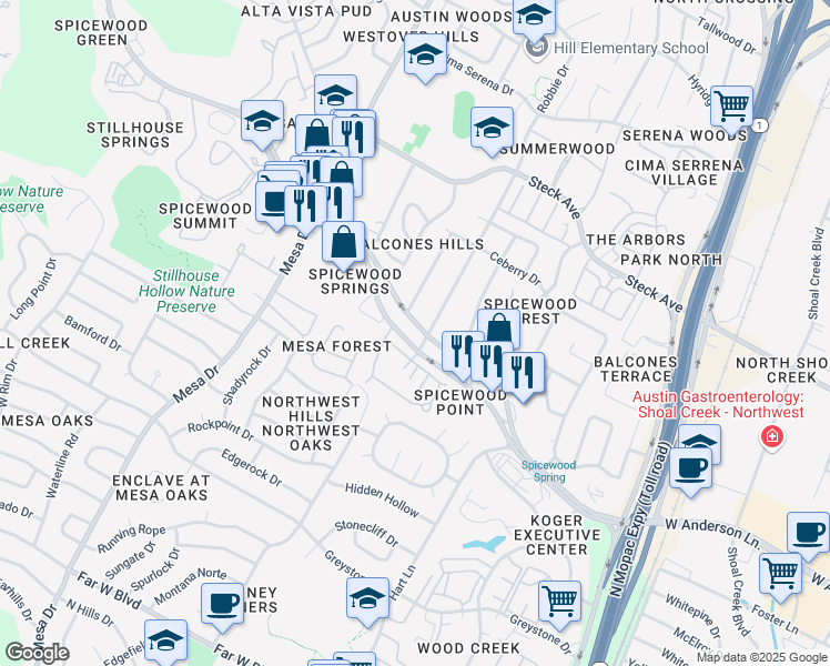 map of restaurants, bars, coffee shops, grocery stores, and more near 3809 Spicewood Springs Road in Austin