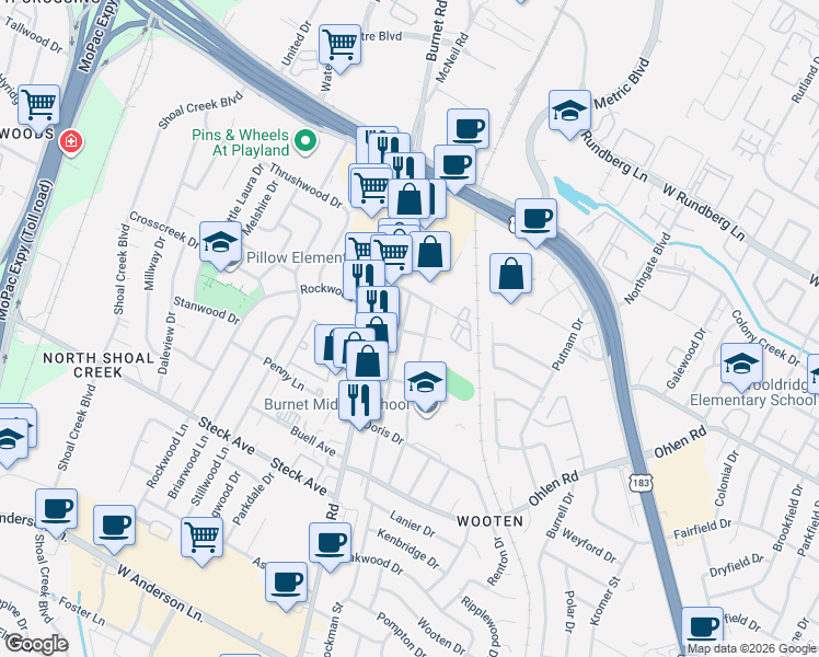map of restaurants, bars, coffee shops, grocery stores, and more near 8601 Bowling Green Dr in Austin