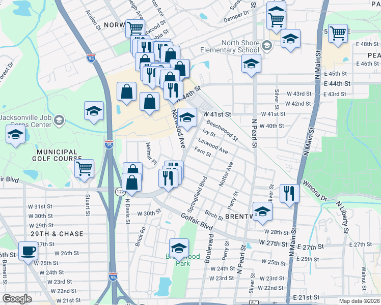 map of restaurants, bars, coffee shops, grocery stores, and more near 658 Fern Street in Jacksonville