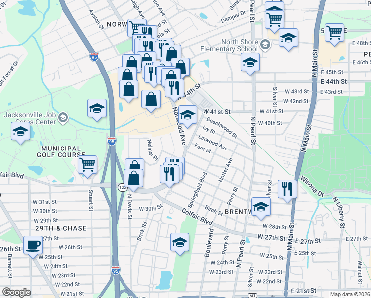 map of restaurants, bars, coffee shops, grocery stores, and more near 4628 Norwood Avenue in Jacksonville