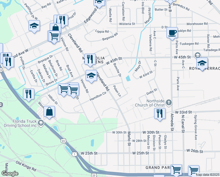 map of restaurants, bars, coffee shops, grocery stores, and more near 5273 Cleveland Road in Jacksonville