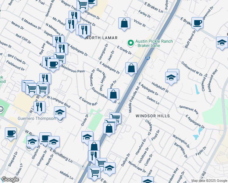 map of restaurants, bars, coffee shops, grocery stores, and more near 10213 Brownie Drive in Austin