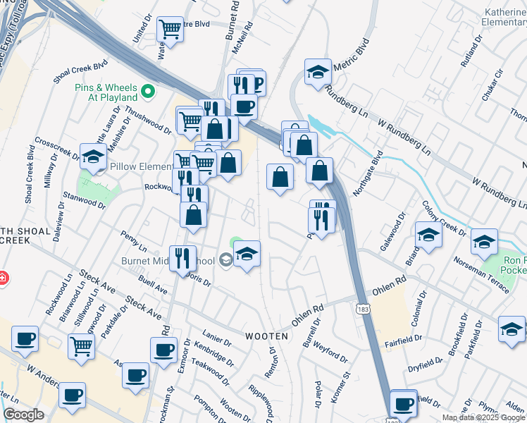 map of restaurants, bars, coffee shops, grocery stores, and more near 8614 Fireside Drive in Austin