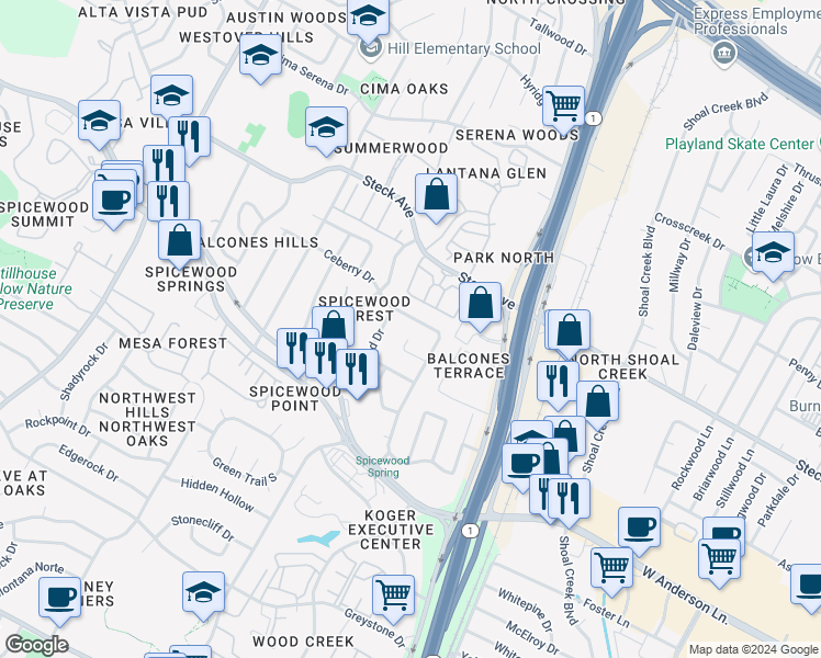 map of restaurants, bars, coffee shops, grocery stores, and more near 3615 Summit Bend in Austin