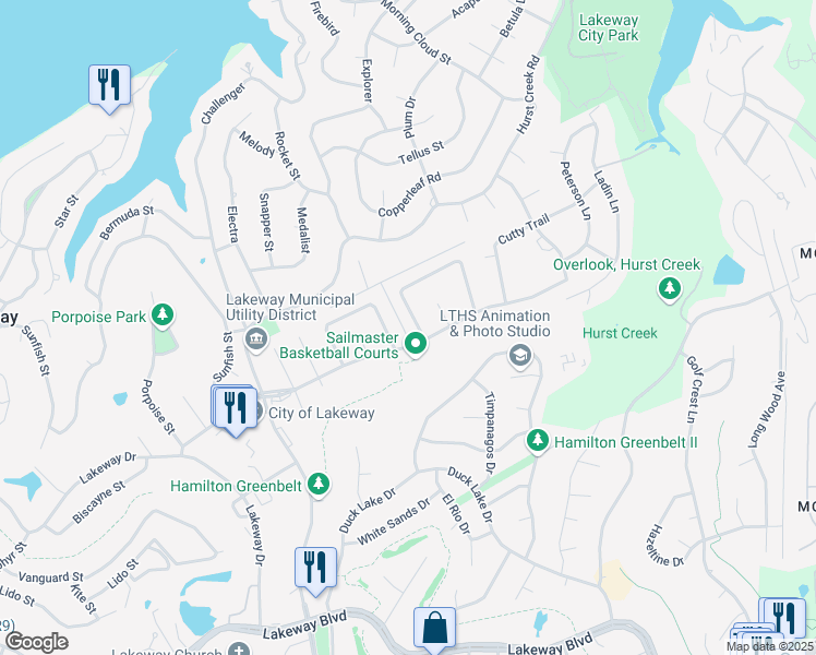 map of restaurants, bars, coffee shops, grocery stores, and more near 293 Mooring Circle in Lakeway