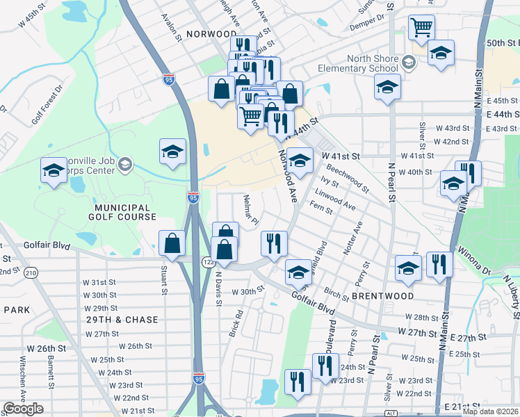 map of restaurants, bars, coffee shops, grocery stores, and more near 4704 Marlboro Circle East in Jacksonville