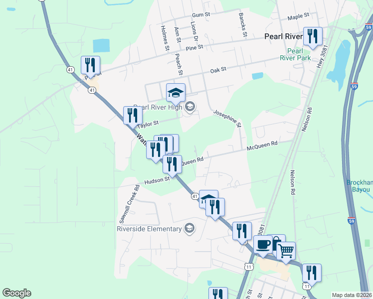 map of restaurants, bars, coffee shops, grocery stores, and more near 171 Lesley Lane in Pearl River