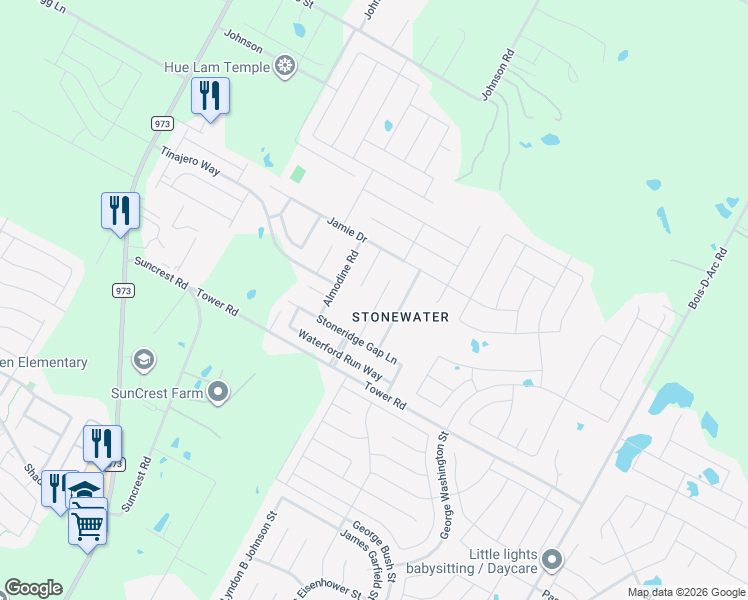 map of restaurants, bars, coffee shops, grocery stores, and more near 14402 Pebble Run Path in Manor
