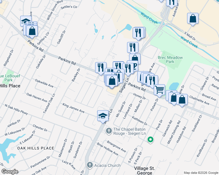 map of restaurants, bars, coffee shops, grocery stores, and more near 12690 Perkins Road in Baton Rouge