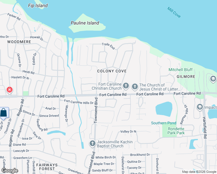 map of restaurants, bars, coffee shops, grocery stores, and more near 3638 Colony Cove Trail in Jacksonville