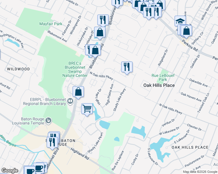 map of restaurants, bars, coffee shops, grocery stores, and more near 827 High Plains Avenue in Baton Rouge