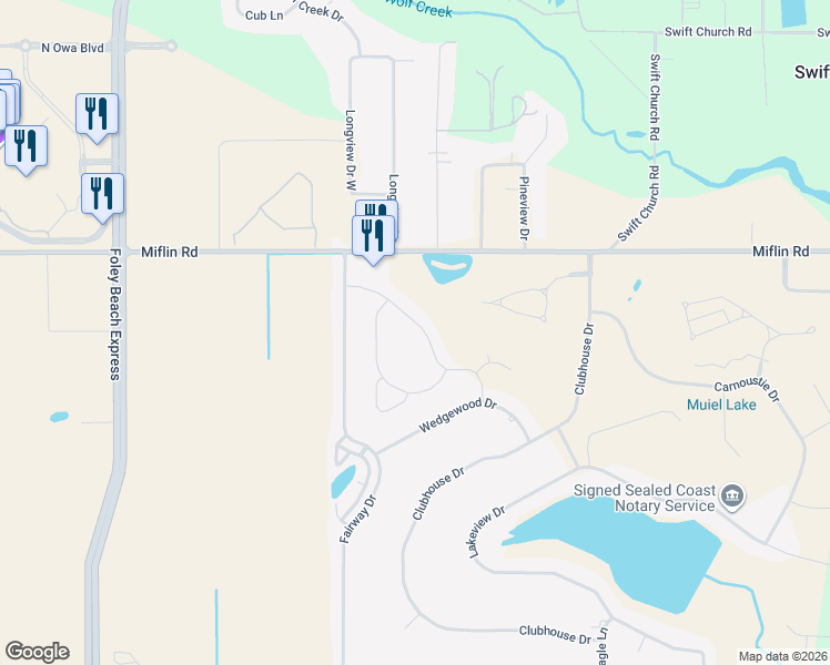 map of restaurants, bars, coffee shops, grocery stores, and more near 9750 Fairway Drive in Foley