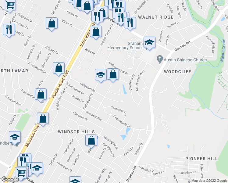 map of restaurants, bars, coffee shops, grocery stores, and more near 10604 Denell Circle in Austin